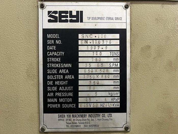Used SEYI 110T Stamping Press Year 1997