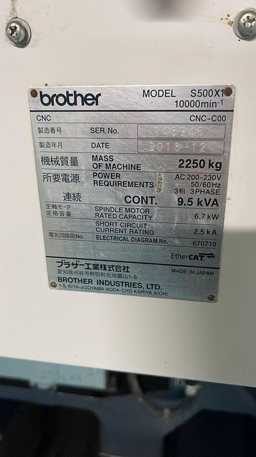 Used Brother S500X1 Vertical Machining Center Year 2018
