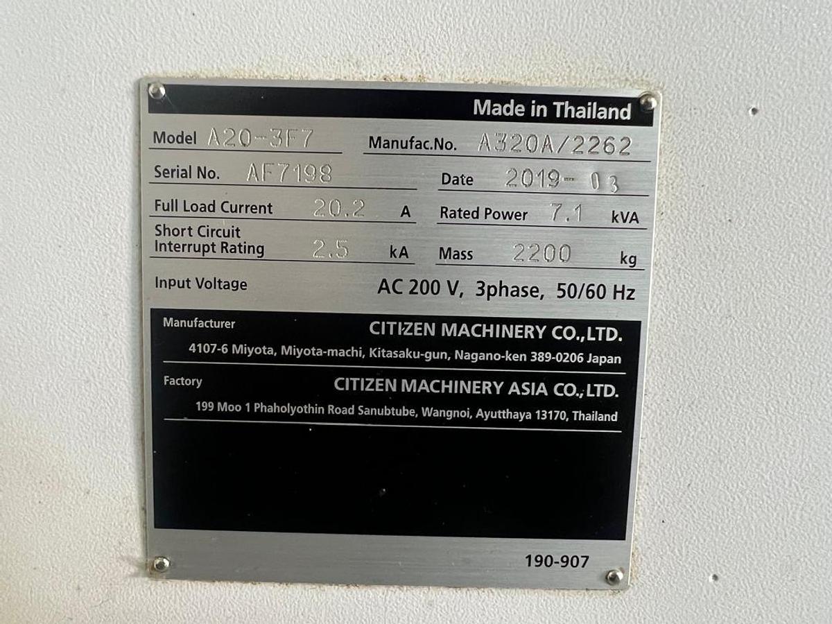 Used Citizen Cincom A20-3F7 Turnmill Auto Lathe Year 2019