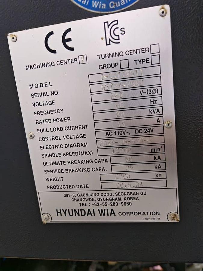 Used Hyundai WIA I-CUT 380Ti Drilling & Tapping Center Year 2015