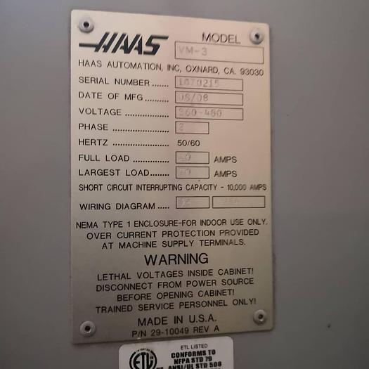 Used HAAS VM3 Year 2008 Vertical Machining Center