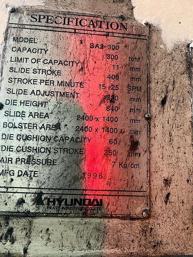 Used Hyundai 300T Model SA2-300 Year 1996 Stamping Press
