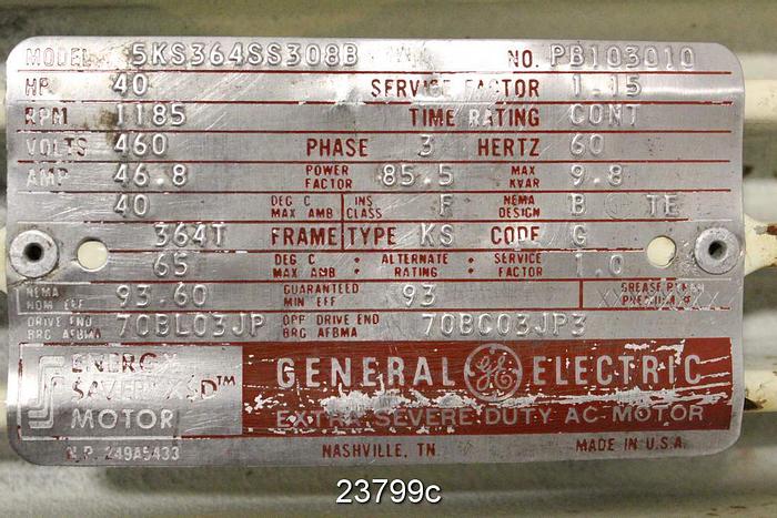 Used General Electric 5KS364SS308B Motor, 40 Hp, 1185 Rpm, 460V, 364T Frame #23799