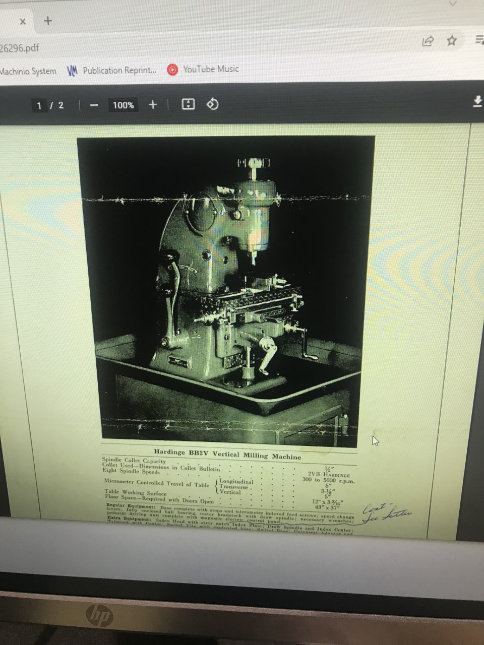 Used Hardinge BB2V High Speed Bench Milling Machine 12" x 3" 6293 for