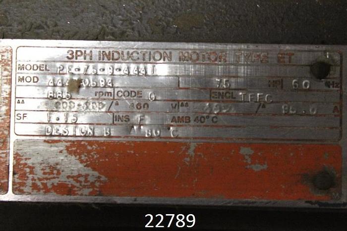 Used Weg PE-76-9-444T Motor, 75 Hp, 885 Rpm, 460 Volt, 444T Frame, 1.15 S.F., 3-Phase, 60 Hz, Tefc Enclosure #22789