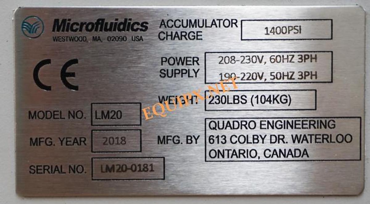 Used Microfluidics LM20 high shear microfluidizer (2018)