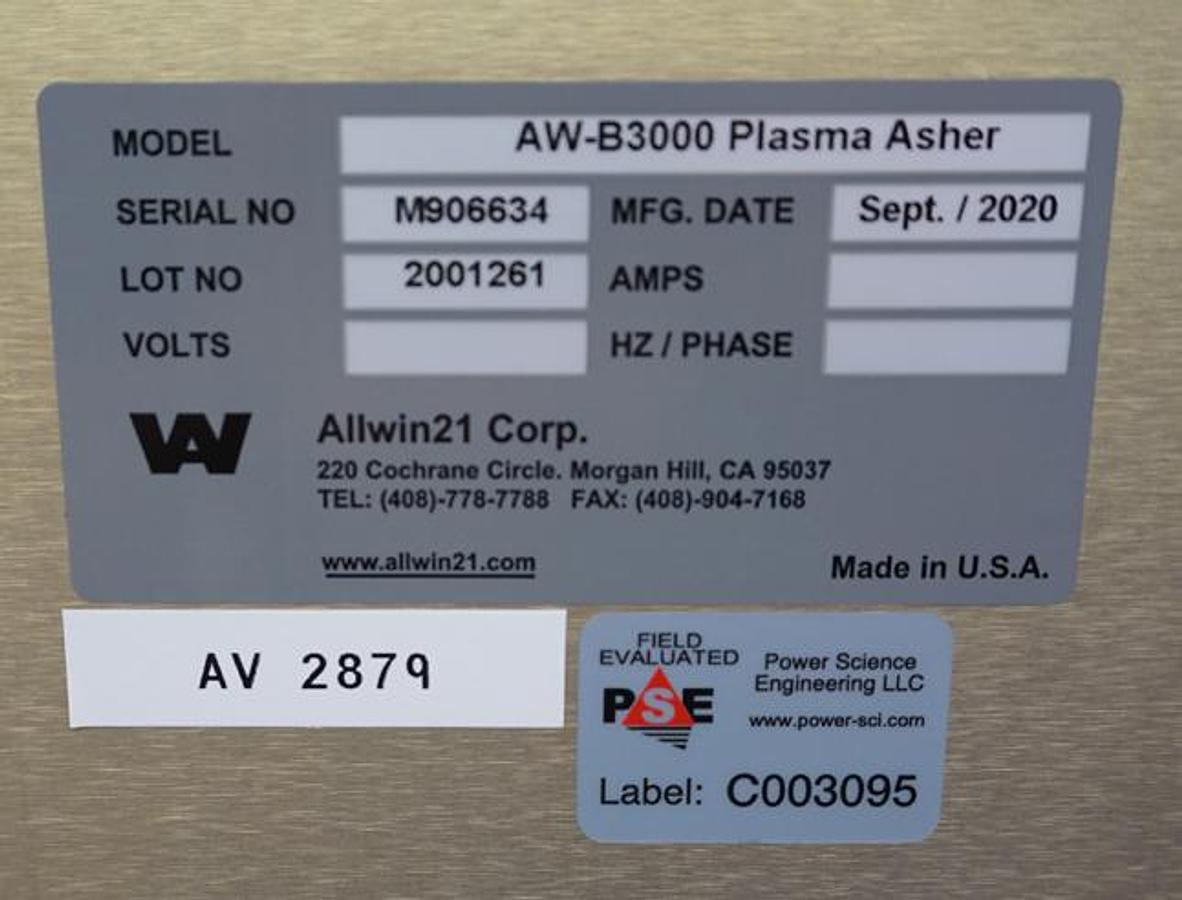 Preowned 2020 Allwin21/ Branson IPC AW-B3000 with 12"x23"d quartz barrel, 2 gas inputs, and Ebara EV-A10-2 dry pump