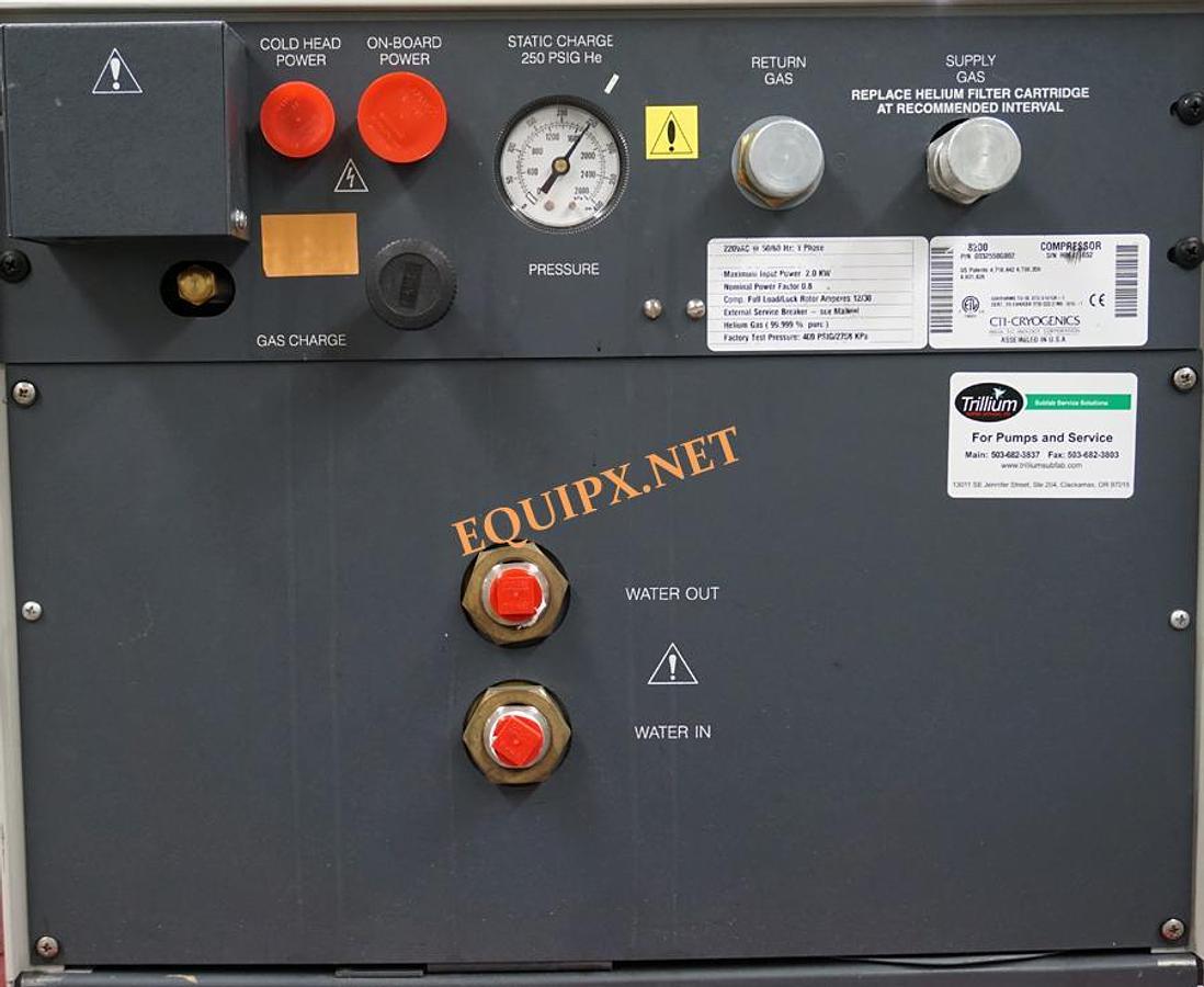 Used Brooks CTI Cryo-Torr Cryopump 8200 Helium Compressor, Single Phase, Water Cooled, 208/230V. PN: 8032550G002