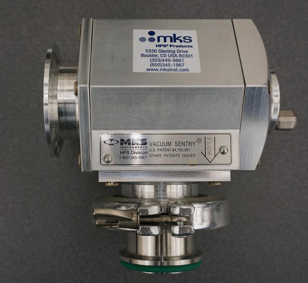 Used MKS Sentry 145-0050K-208V/60 Vacuum Safety Valve, ISO-KF Flanges, NW50 Angle Ports, Viton Seals, 208 VAC/60 Hz
