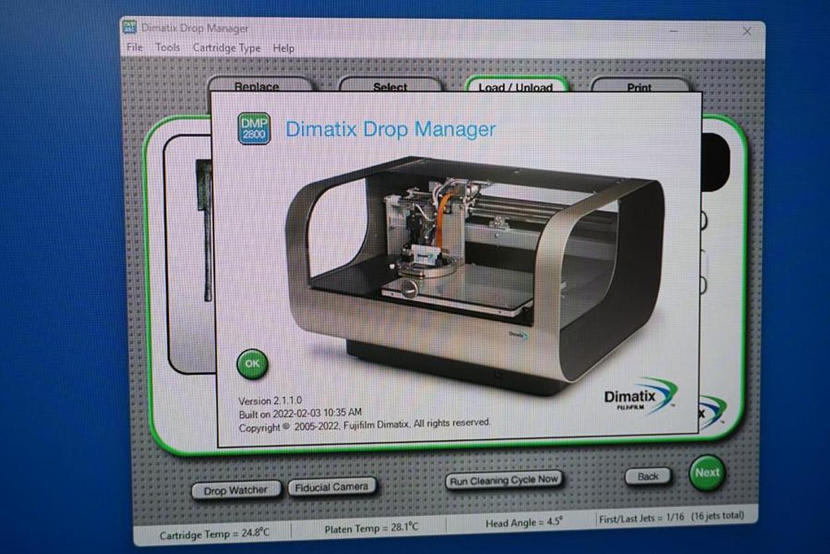 2014 Fujifilm Dimatix DMP-2831 ink jet printer with fiducial camera, print area of 200x300mm and positional accuracy of 25um- Reconditioned