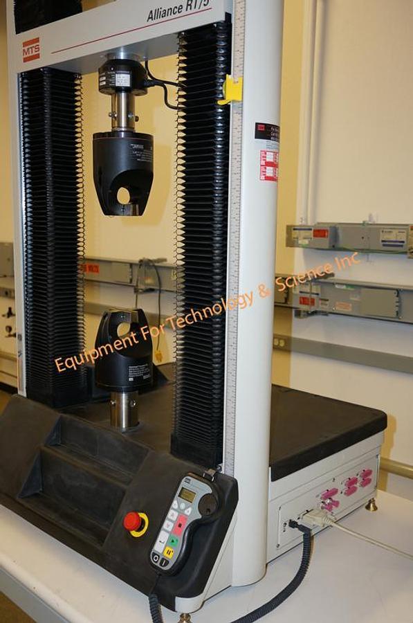 Used MTS Systems Corp Alliance RT/5 1120lbf (5KN) Testing Machine with 3 load cells, Testworks 4 software, and 2kN pneumatic grips