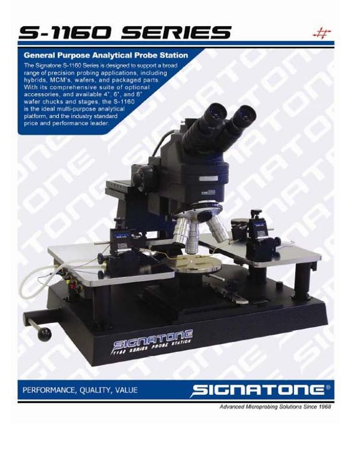Used Signatone 1160A-6N manual prober with (3) S-M40 Rf positioners and Olympus microscope with camera