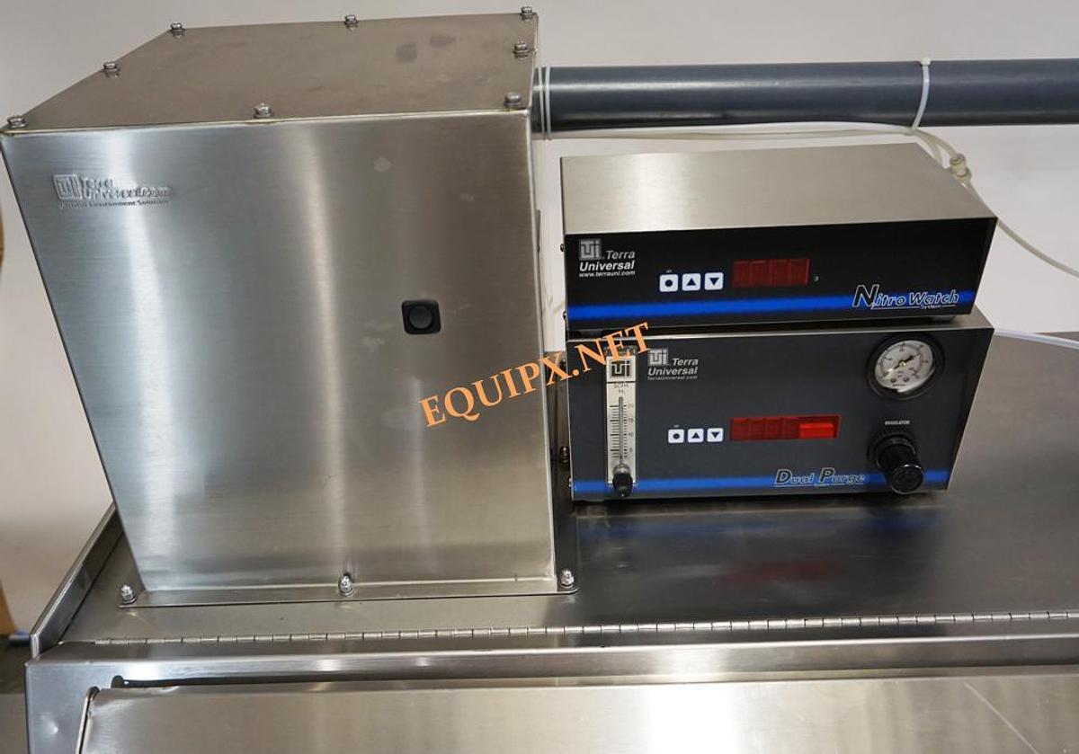 Used Terra Universal Series 300 4 Port stainless steel Filtration glovebox with dual ULPA filters, airlock, dual purge, and Humidity control