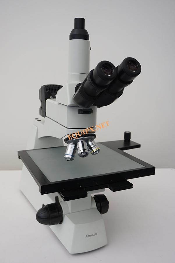 Used Amscope inspection microscope 8x8 XY stage, 5/10/20/40x brightfield objectives, and camera viewing port
