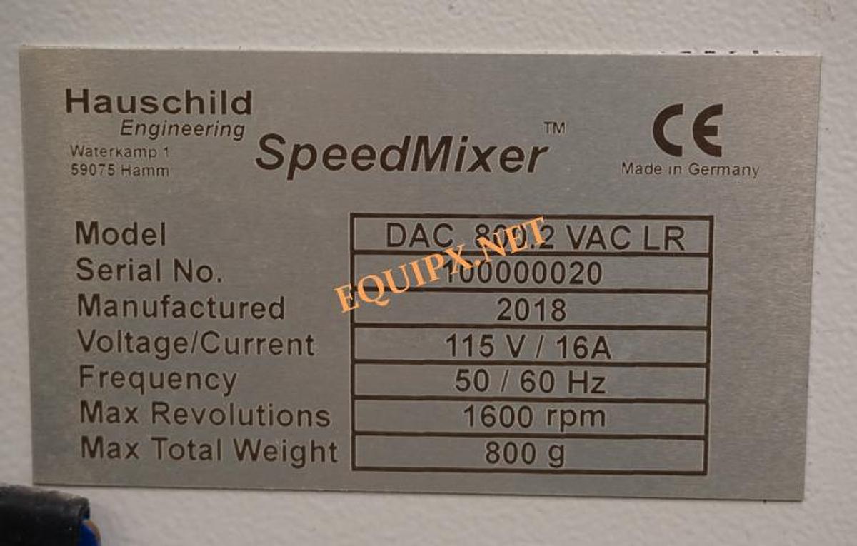 Used 2018 Hauschild SpeedMixer DAC800.2 VAC LR Planetary Mixer with 400g to 800g capacity