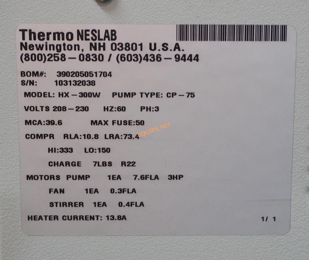 Used Thermo Neslab HX300W chiller, 10KW 34,100 BTU's, CP-75 pump, 10gpm @60psi