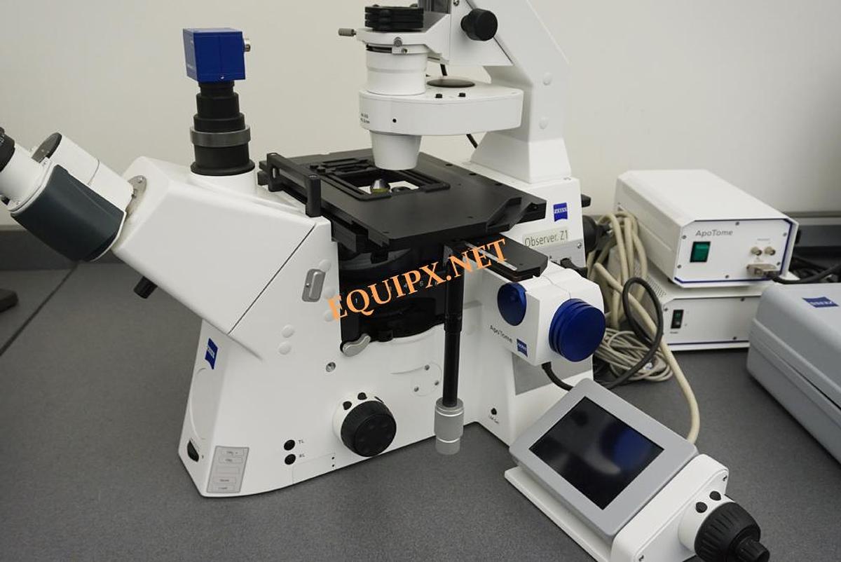 Used Zeiss AXIO Observer.Z1 inverted flourescence microscope with Apotome Structured Illumination for near Confocal imaging