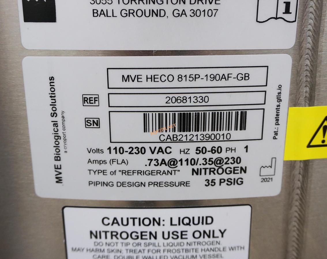Used MVE HEco 815P-190AF-GB Vapor Phase Cryofreezer with -190C storage and Mesa Labs VPx Viewpoint sensor