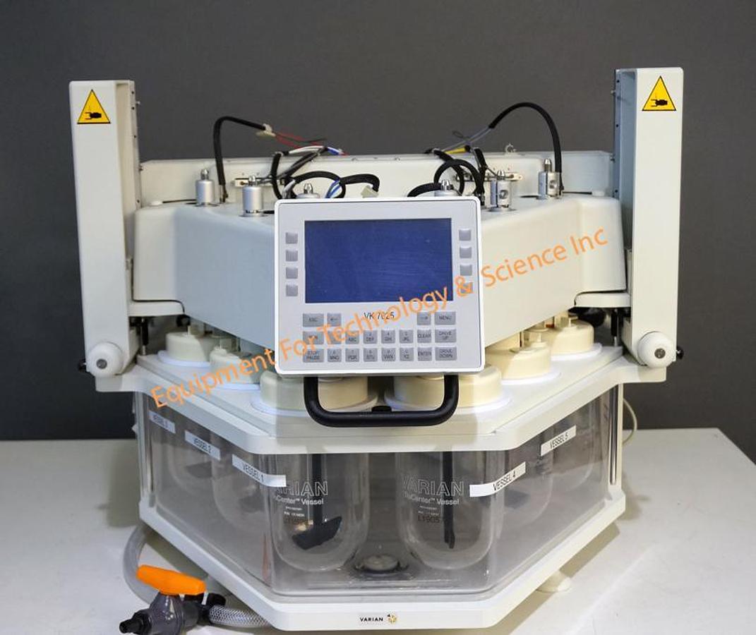 Used Varian VK 7025-6 dissolution apparatus with 6 spindles, recirculator, and printer