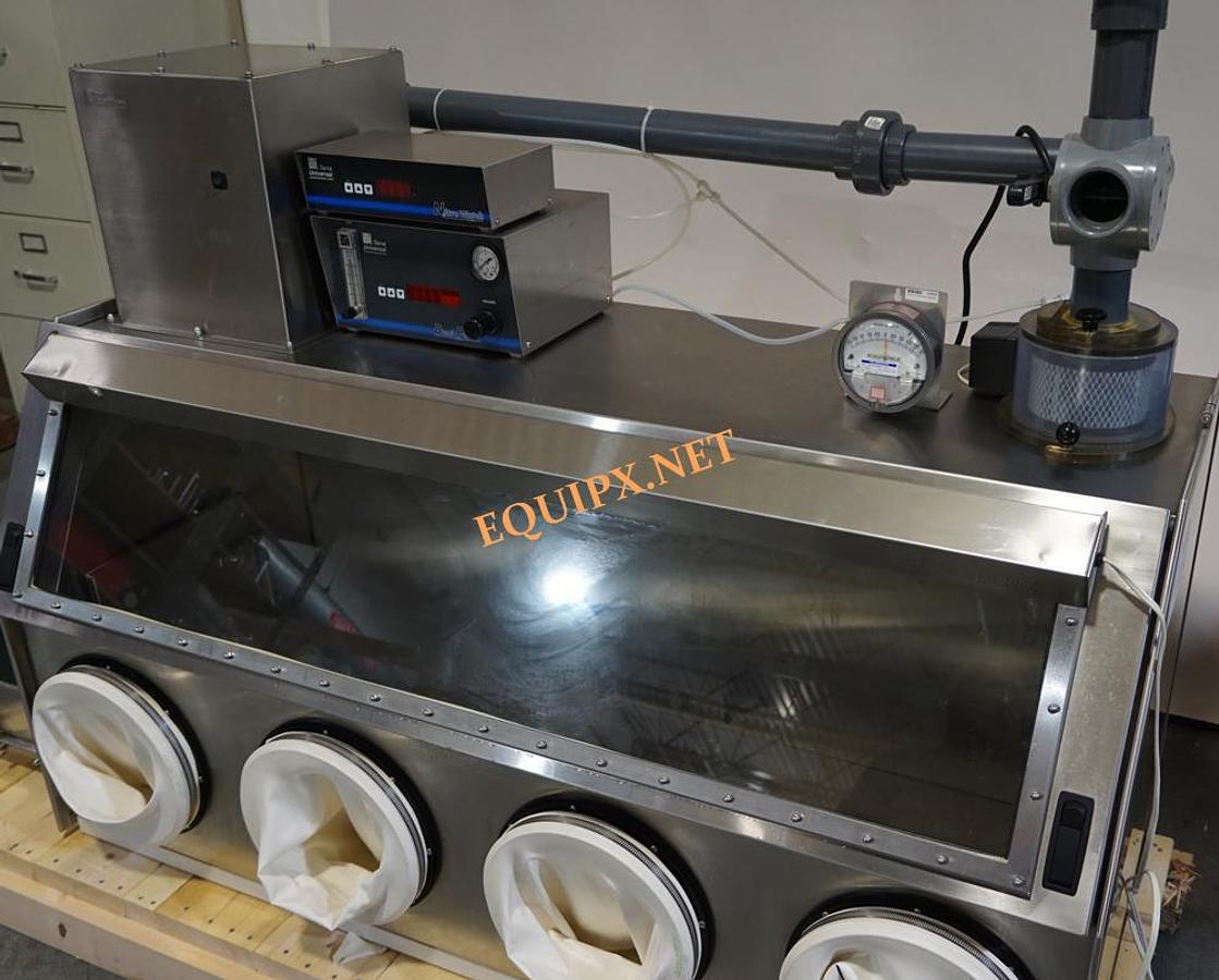 Used Terra Universal Series 300 4 Port stainless steel Filtration glovebox with dual ULPA filters, airlock, dual purge, and Humidity control