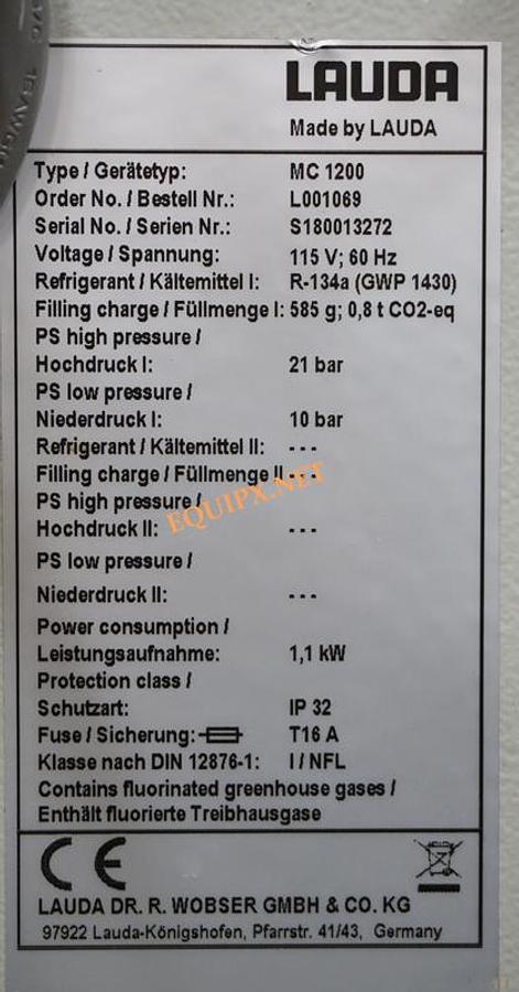 Used Lauda MC1200 Chiller , -10C to 40C, 1100w, 115v