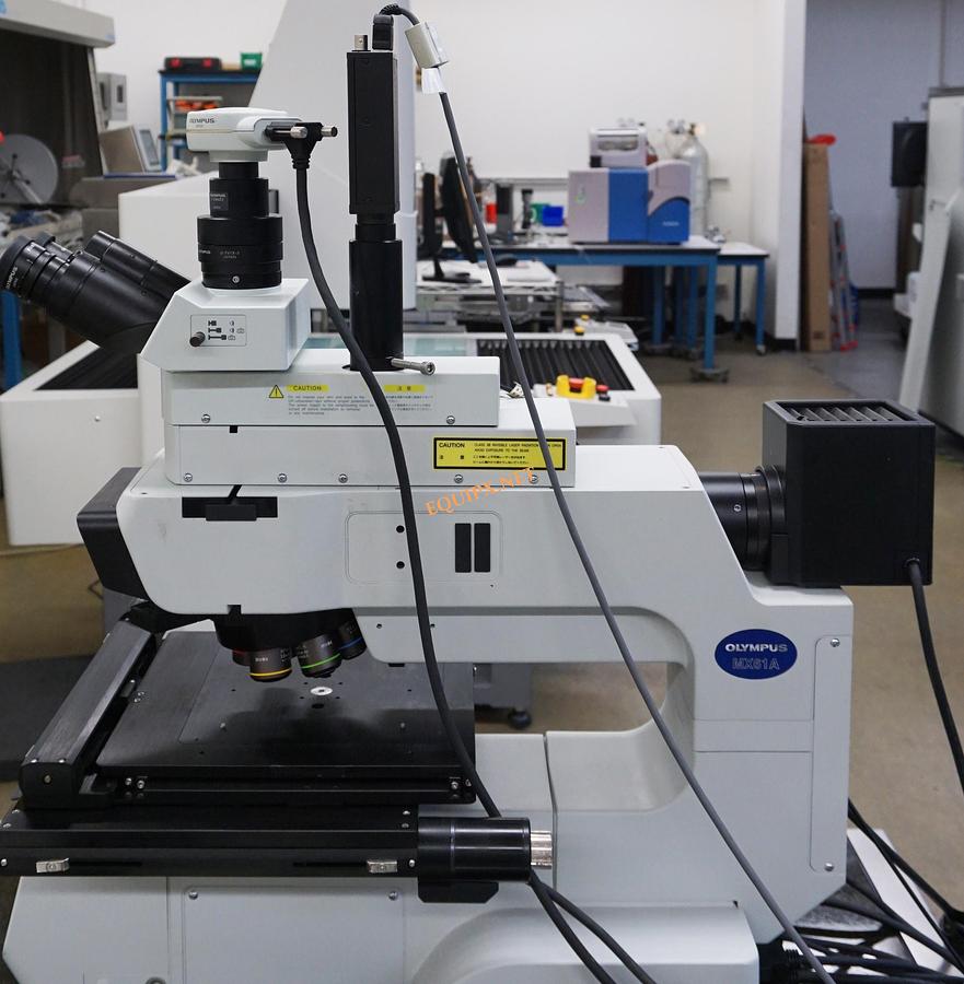 Used Olympus MX61A-F inspection microscope with brightfield, darkfield, 8x8 motorized XY stage, 248nm deep UV module, and laser autofocus