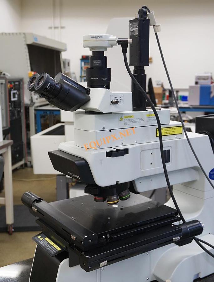 Used Olympus MX61A-F inspection microscope with brightfield, darkfield, 8x8 motorized XY stage, 248nm deep UV module, and laser autofocus