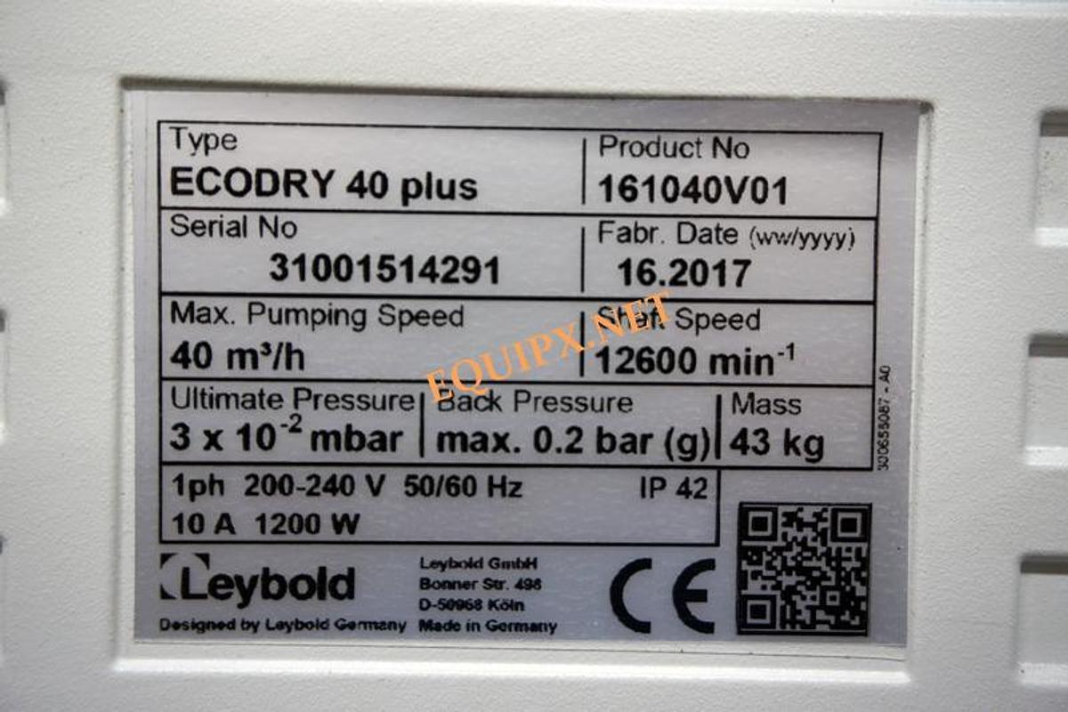 Used LEYBOLD ECODRY 40 PLUS DRY ROOTS VACUUM PUMP,  24 CFM, ultimate pressure 2.3x10-2 torr