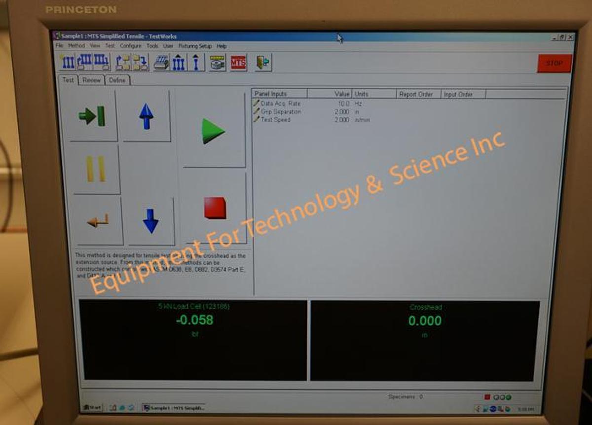 Used MTS Systems Corp Alliance RT/5 1120lbf (5KN) Testing Machine with 3 load cells, Testworks 4 software, and 2kN pneumatic grips