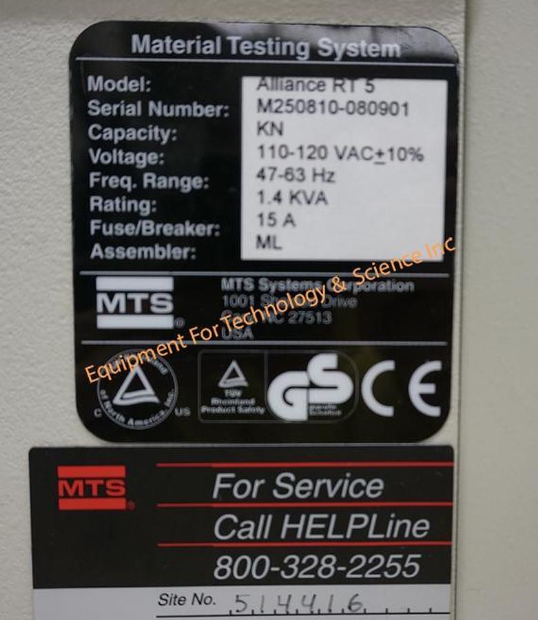 Used MTS Systems Corp Alliance RT/5 1120lbf (5KN) Testing Machine with 3 load cells, Testworks 4 software, and 2kN pneumatic grips