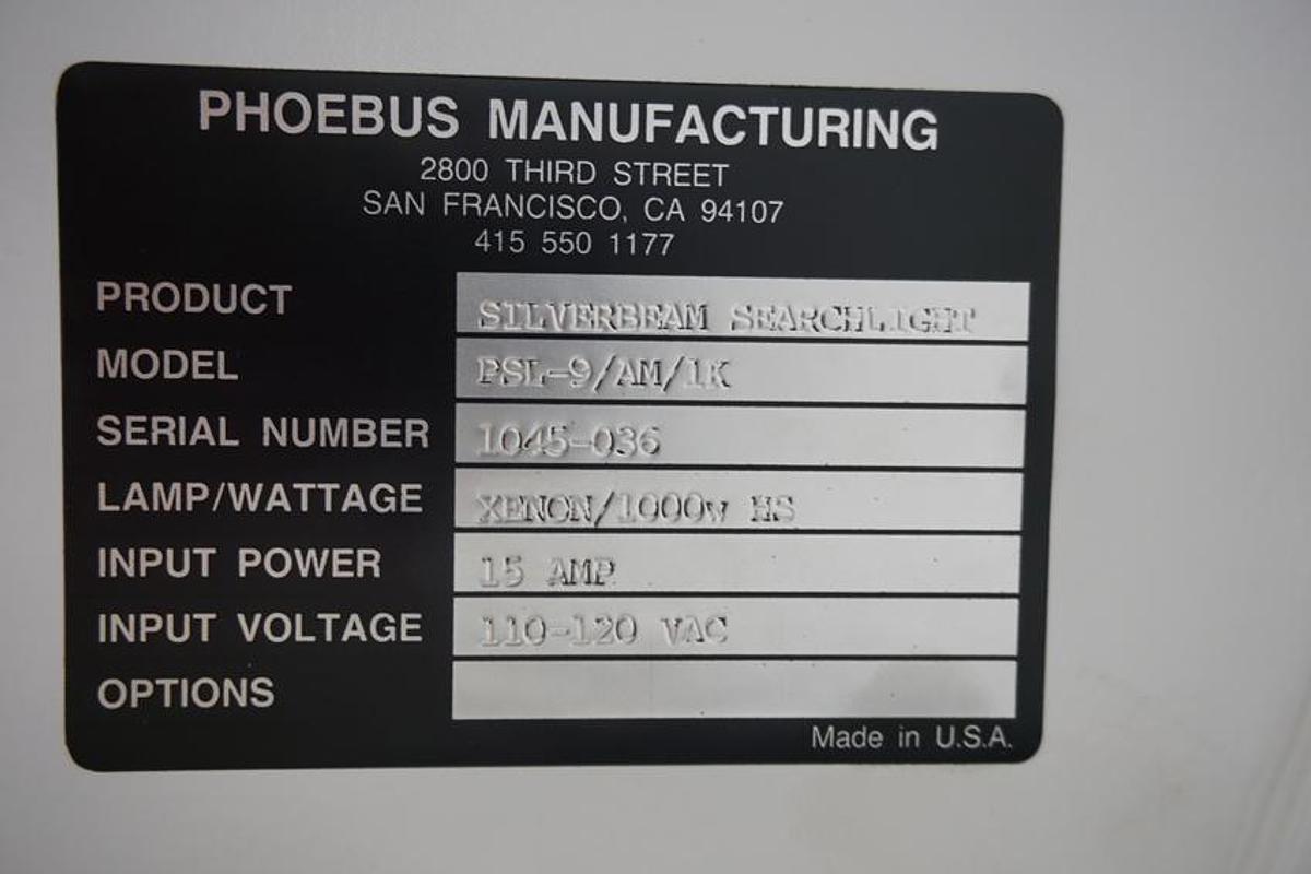 Used Phoebus Manufacturing PSL-9-AM-1K Xenon Solar Simulator- Searchlight