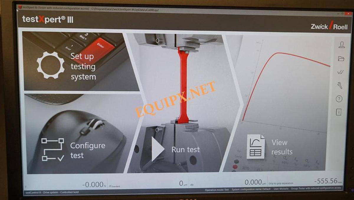 Used Zwick-Roell model Z5.0 Type TH tensile testing machine  5kN capacity (1200 lbs) with PC, software, pair 1KN pneumatic vise action grips