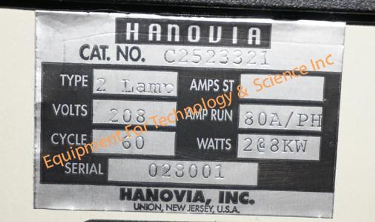 Used Hanovia Ultraviolet (UV) Conveyor Belt Oven