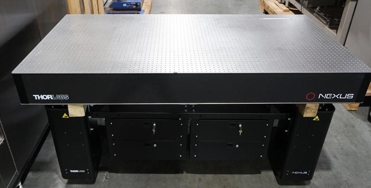 Preowned Thorlabs Optical Workstation with 2m x 1.2m x 210mm Metric breadboard, Active Support Base, overhead shelving system, 5 drawers