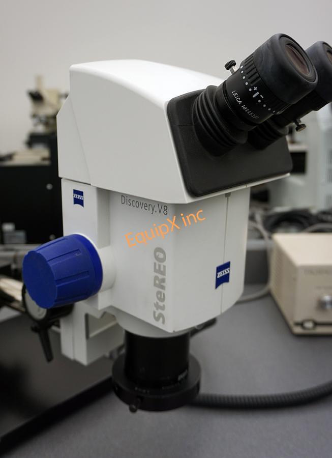 Used Zeiss Discovery V8 stereozoom microscope with boom stand and fiber ring illuminator