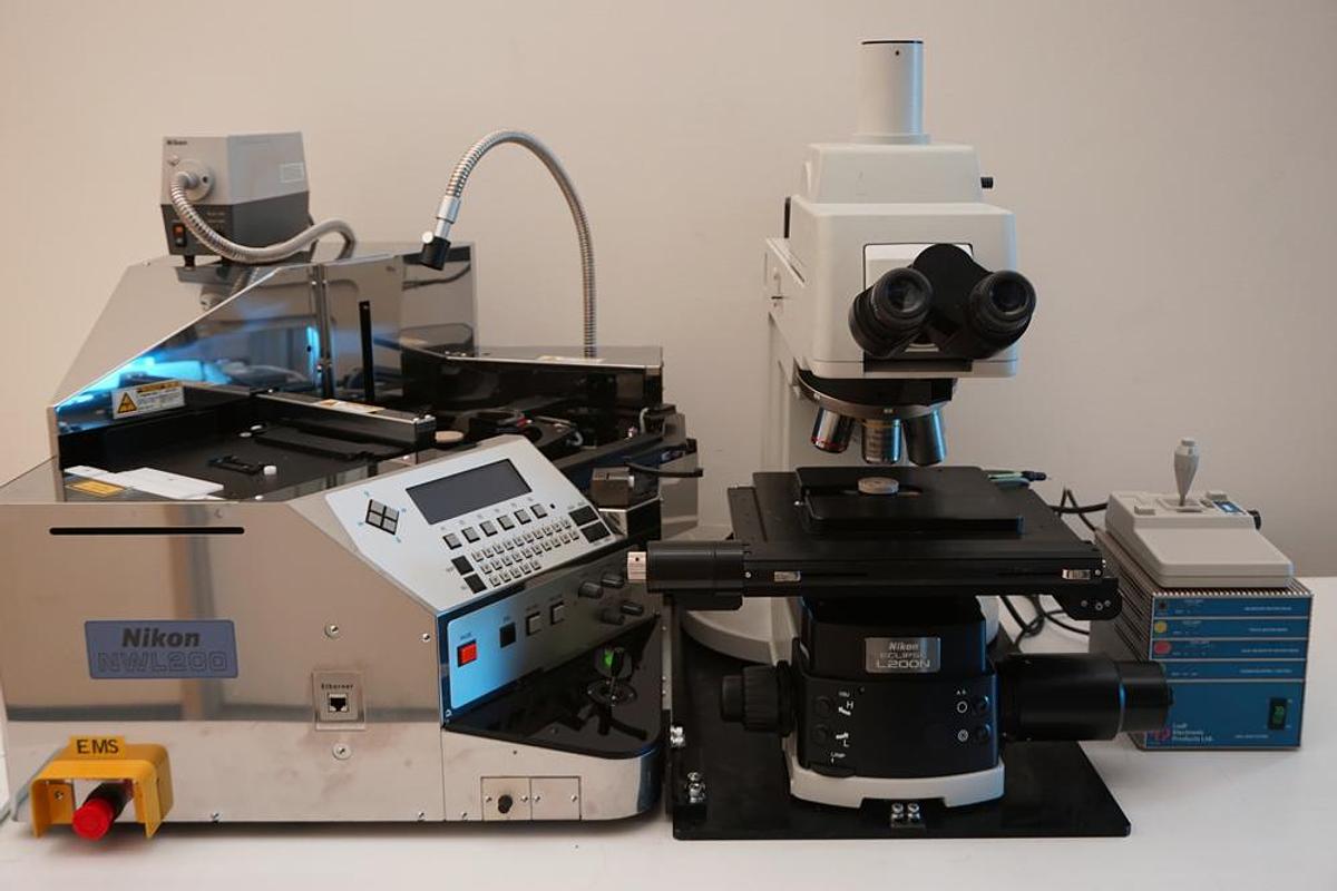 Used Nikon Eclipse L200N microscope, NWL200TMB wafer loader, Ludl MAC6000 motorized XY stage and focus-200mm wafer inspection system