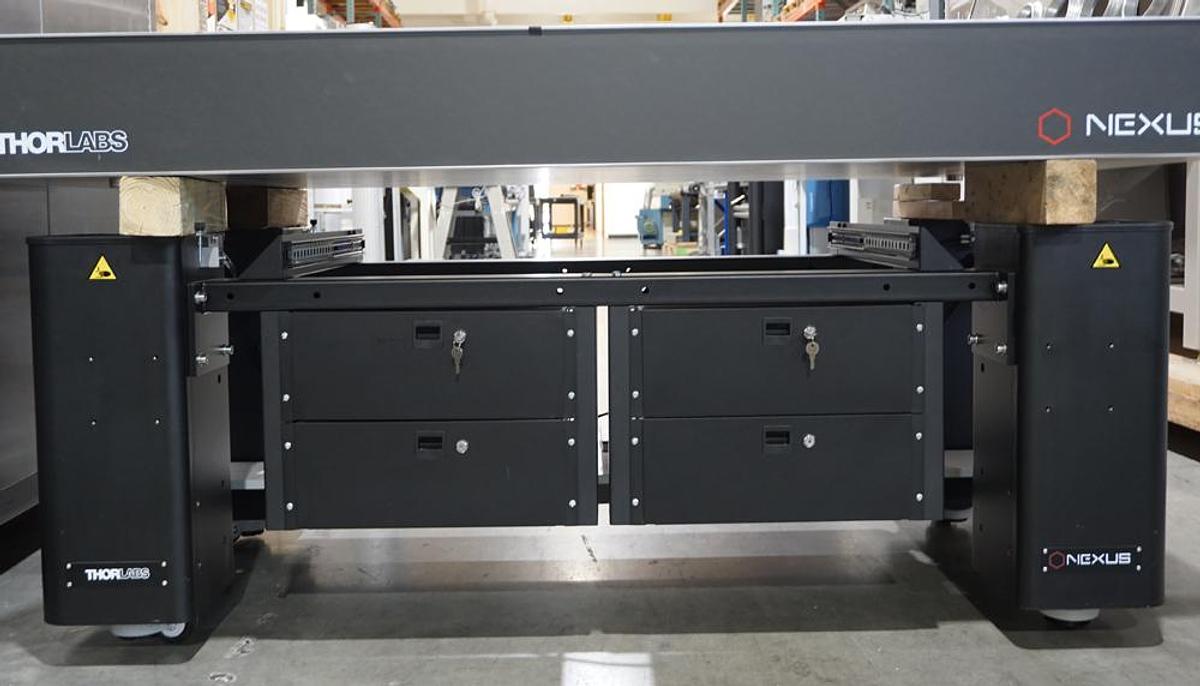 Preowned Thorlabs Optical Workstation with 2m x 1.2m x 210mm Metric breadboard, Active Support Base, overhead shelving system, 5 drawers