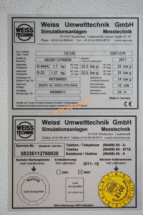Used Weiss TS120 thermal shock chamber 4.2 cuft test space, Cold chamber -80C to +70 hot chamber +50C to +220C