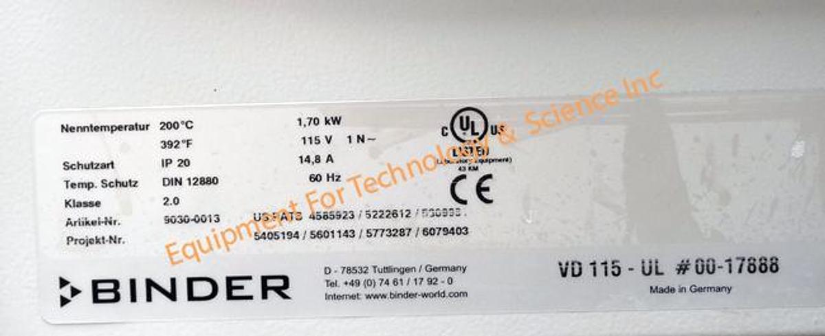 Used Binder VD 115 vacuum oven, max 200C (392F), 4.2cuft