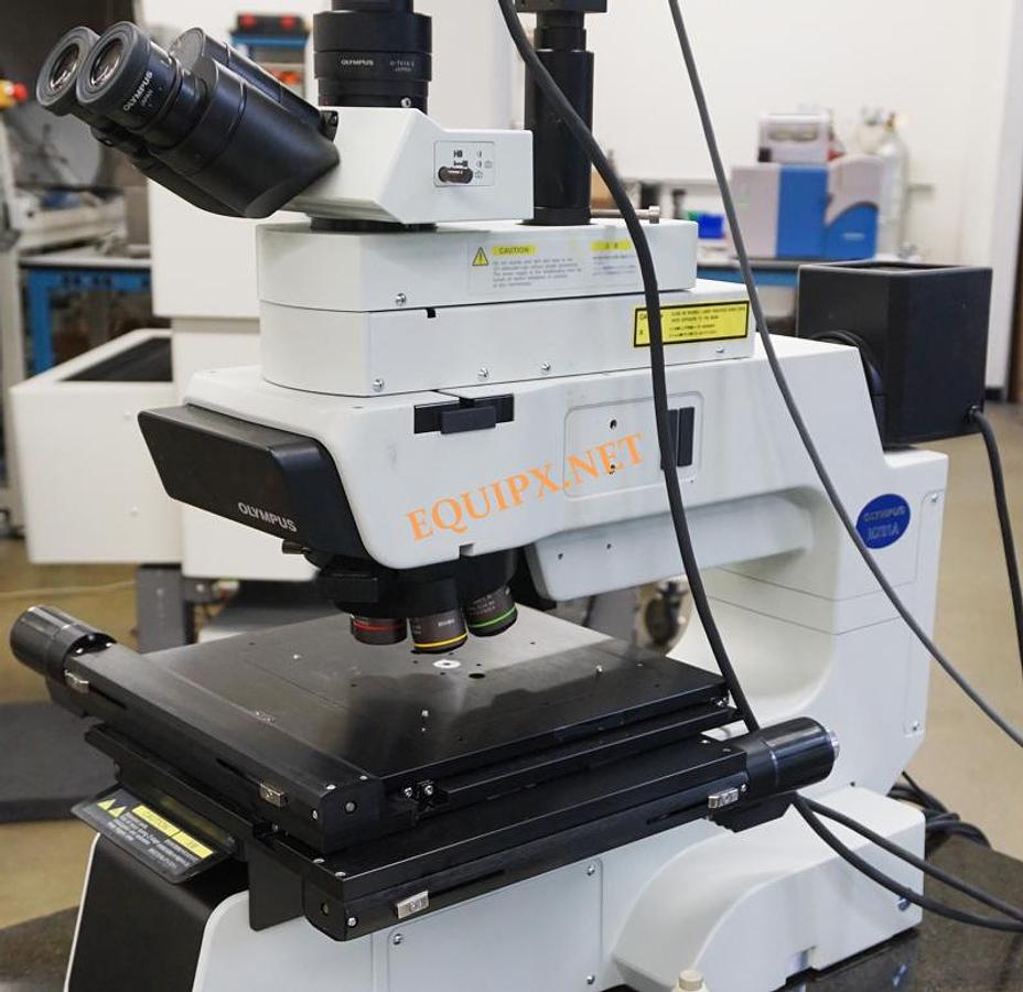 Used Olympus MX61A-F inspection microscope with brightfield, darkfield, 8x8 motorized XY stage, 248nm deep UV module, and laser autofocus