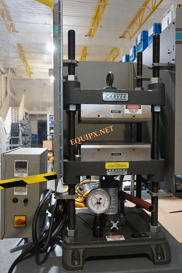 Used Carver 4122 manual 4 post heated press, 12 Ton capacity, 12x12 heated platens (max 650F) , floor stand, Hydraulics rebuilt