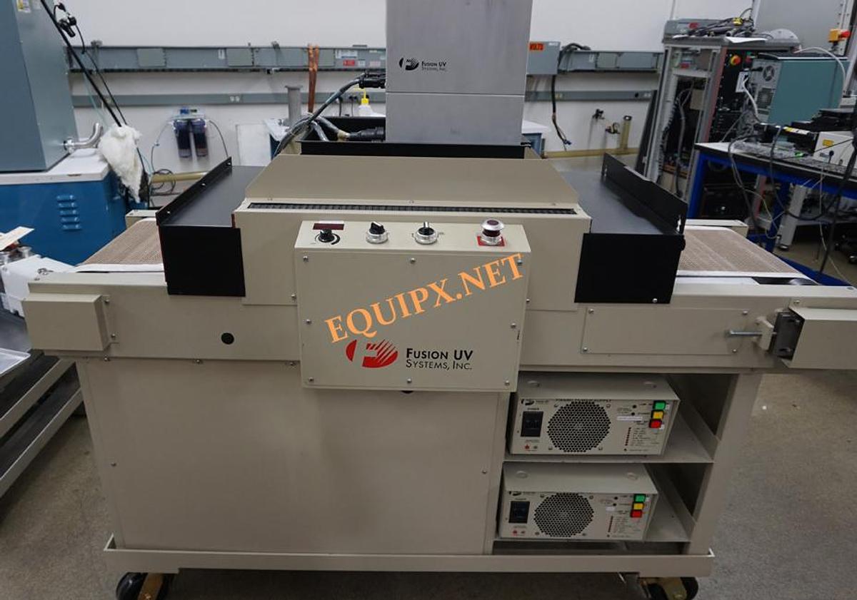 Used Fusion DRS 10/12 UV curing conveyor with (2) F300S lamp systems and 14" belt width
