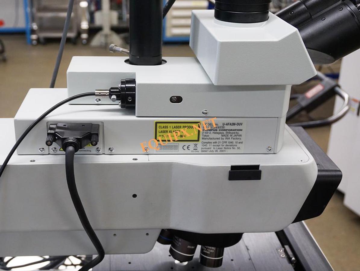 Used Olympus MX61A-F inspection microscope with brightfield, darkfield, 8x8 motorized XY stage, 248nm deep UV module, and laser autofocus