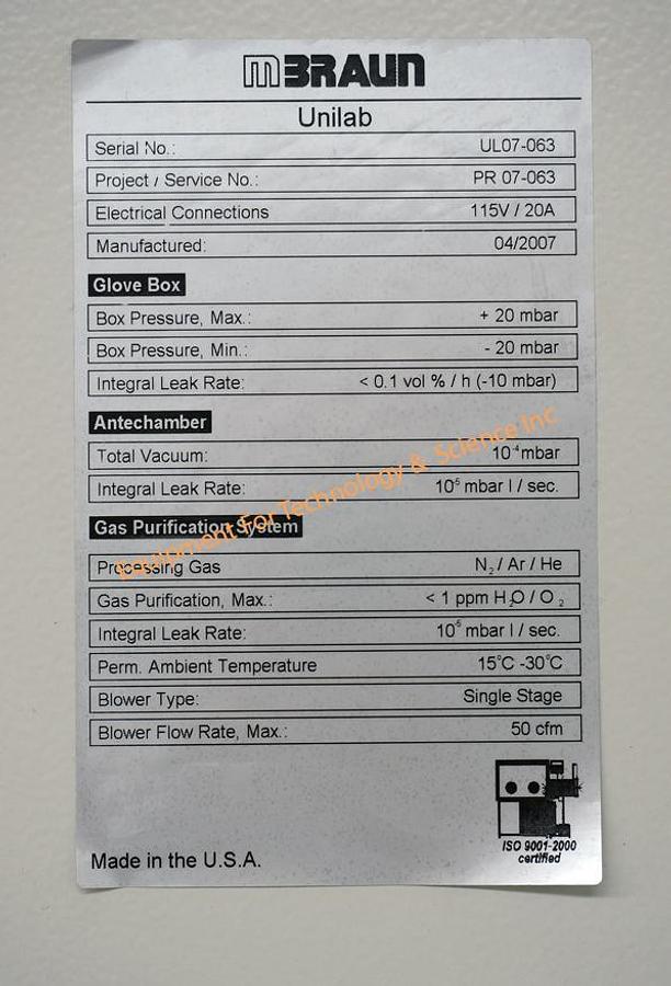 Used Mbraun Unilab glovebox with gas purifier, moisture and oxygen monitor