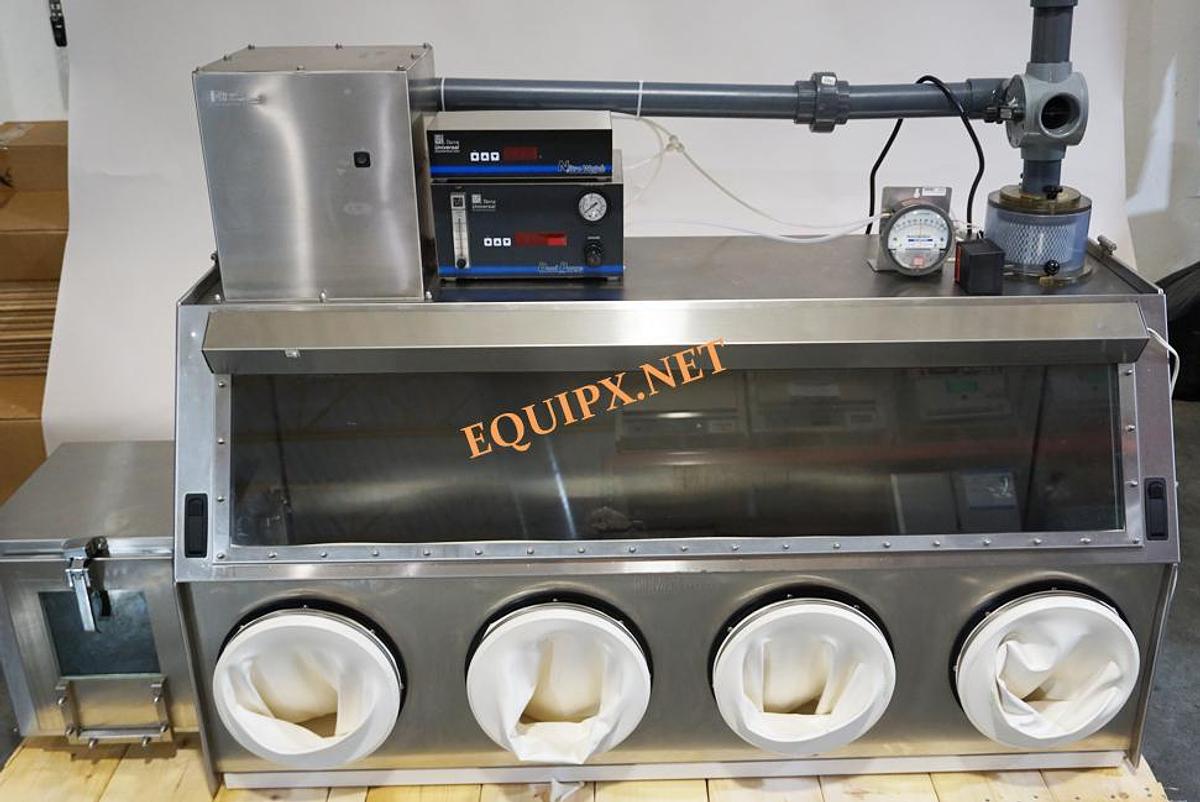 Used Terra Universal Series 300 4 Port stainless steel Filtration glovebox with dual ULPA filters, airlock, dual purge, and Humidity control