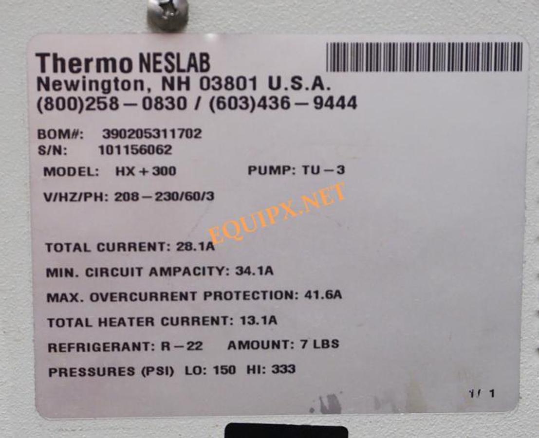 Used Thermo Neslab HX+300 chiller 34,100 BTU's (10KW) with TU-3 turbine pump 6gpm@ 60psi