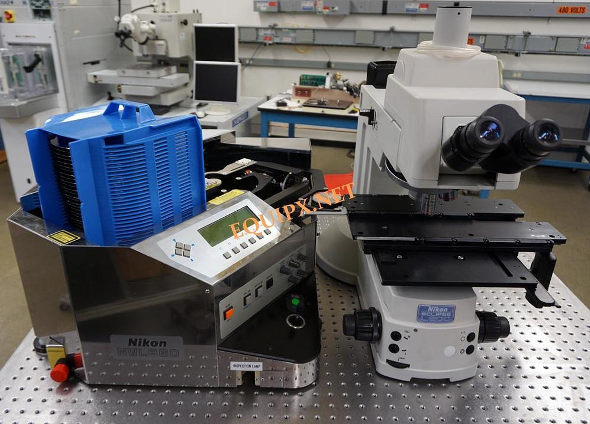 Used Nikon NWL860-TMB-SP wafer loader with Eclipse L200 microscope for 150/200mm wafers with macro and backside inspection