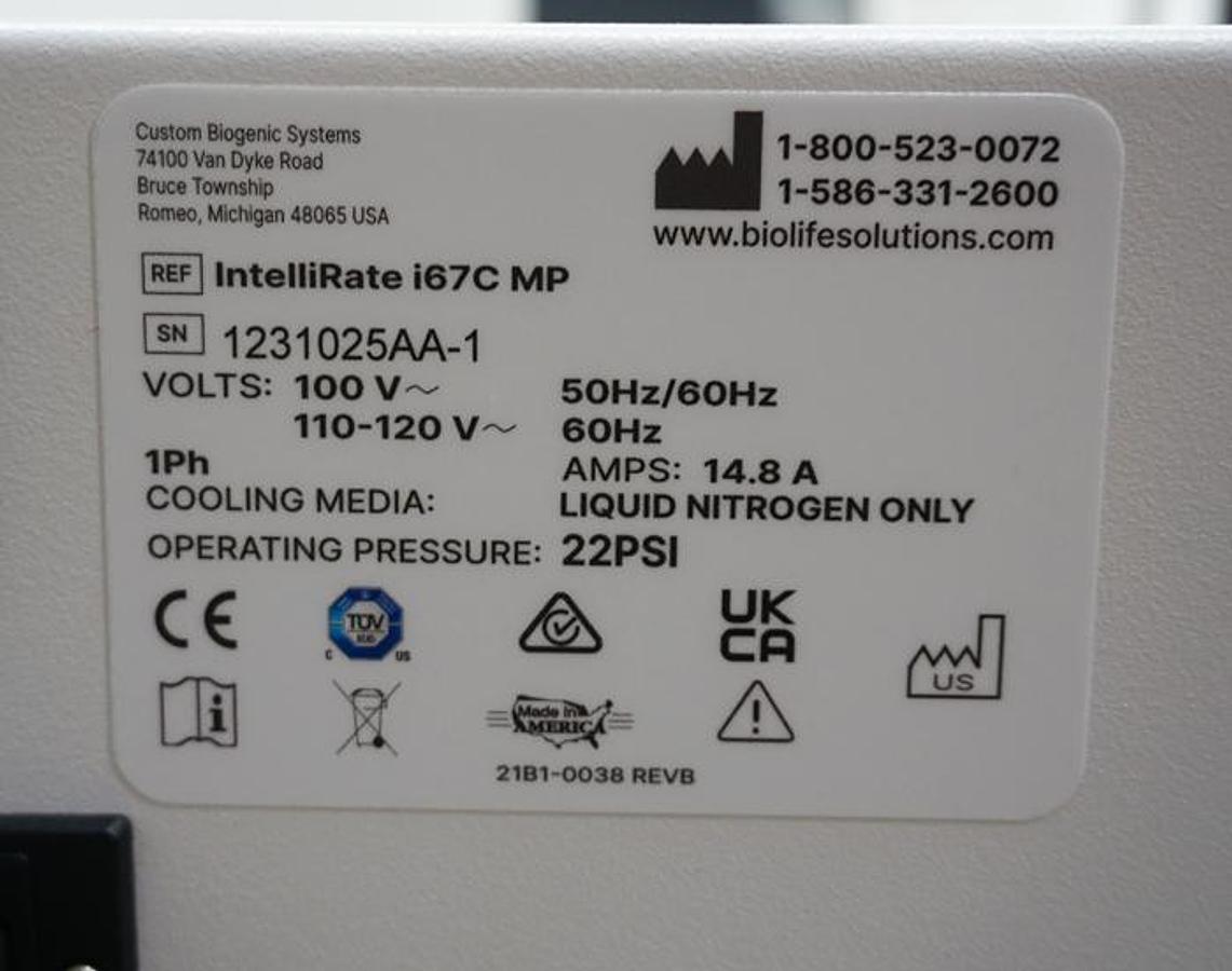 Preowned Custom Biogenic Systems model 21 LN2 controlled rate freezer (BioLife Solutions IntelliRate i67C MP)