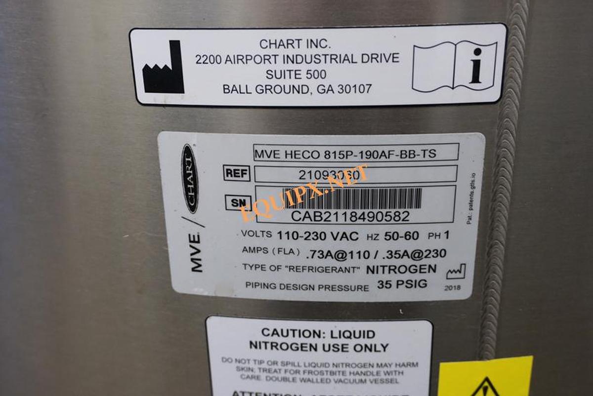 Used MVE HECO 815P-190AF-BB-TS Cryofreezer with -190C sample storage and vacuum jacketed transfer hose