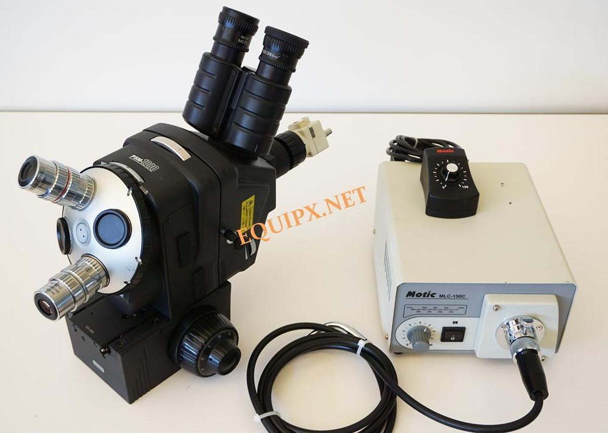 Used Motic PSM1000 probe station microscope with focus block, fiber optic illuminator,  and 2x/5x ELWD objectives